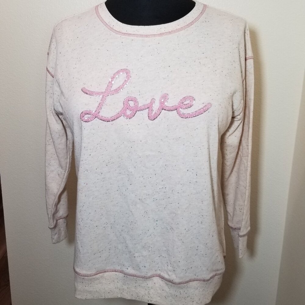 Joei & I Womens 1X Sweatshirt Embroidered Love Long Sleeve Tan Pink Comfy NWT
